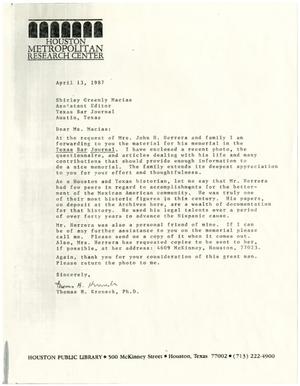 Primary view of object titled '[Letter from Thomas H. Kreneck to Shirley Greenly Macias - 1987-04-13]'.