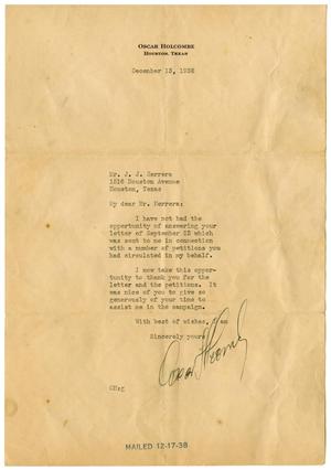 Primary view of object titled '[Letter from Oscar Holcombe to John J. Herrera - 1938-12-13]'.