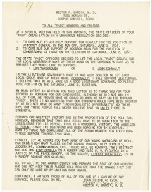 Primary view of object titled '[Letter from Hector P. Garcia to PASO members and friends - 1962]'.