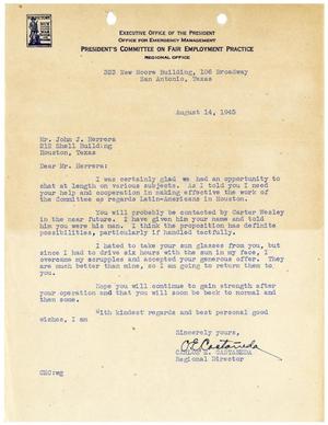 Primary view of object titled '[Letter from Carlos E. Castañeda to John J. Herrera - 1945-08-14]'.