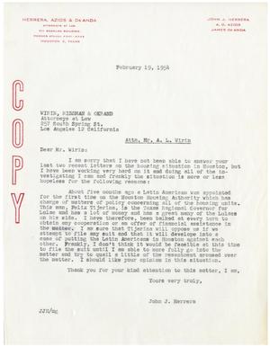 Primary view of object titled '[Letter from John J. Herrera to A.L. Wirin - 1954-02-19]'.