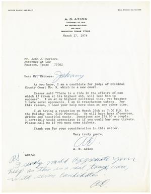 Primary view of object titled 'Letter from A.D. Azios to John J. Herrera - 1976-03-17]'.