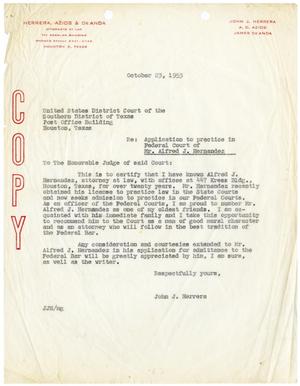 [Letter from John J. Herrera to United States District Court of the Southern District of Texas - 1953-10-23]