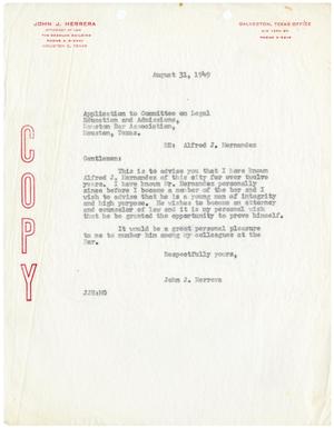 [Letter from John J. Herrera to Committee on Legal Education and Admissions, Houston Bar Association - 1949-08-31]