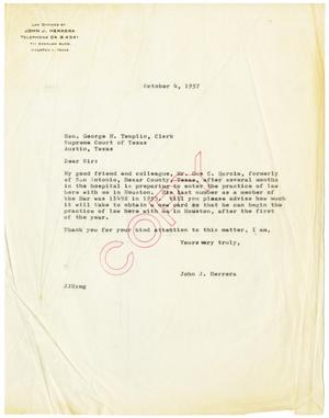 Primary view of object titled '[Letter from John J. Herrera to George H. Templin - 1957-10-04]'.