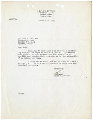 Primary view of object titled '[Letter from Lewis W. Cutrer to John J. Herrera - 1957-10-10]'.