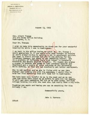 [Letter from John J. Herrera to Albert Thomas - 1962-08-13]