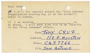 Primary view of object titled '[Postcard reply from Tony Cruz to John J. Herrera - 1964-05-25]'.