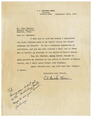 Primary view of object titled '[Letter from C. V. Kern to John J. Herrera - 1948-09-18]'.