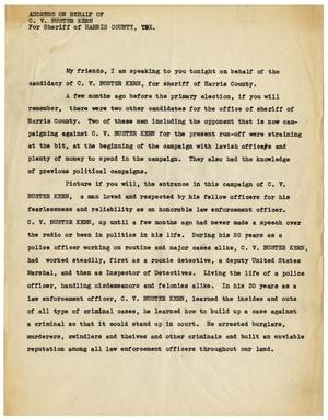 Primary view of object titled 'Address on behalf of C. V. Buster Kern for Sheriff of Harris County, Tex.'.