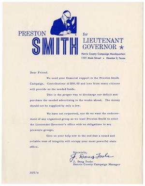 [Campaign letter from J. Doug Toole for Preston Smith]