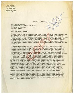 [Letter from John J. Herrera to Price Daniel - 1959-04-13]