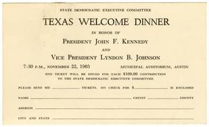 [Invitation card from the State Democratic Executive Committee to a Welcome Dinner in honor of President John F. Kennedy and Vice President Lyndon B. Johnson - 1963]