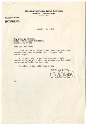 Primary view of object titled '[Letter from William Hunter McLean to John J. Herrera - 1964-10-06]'.