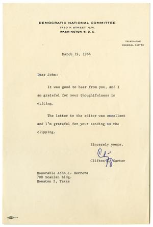 Primary view of object titled '[Letter from Clifton Carter to John J. Herrera - 1964-03-19]'.