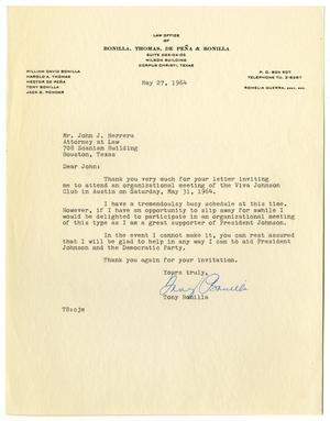 Primary view of object titled '[Letter from Tony Bonilla to John J. Herrera - 1964-05-27]'.