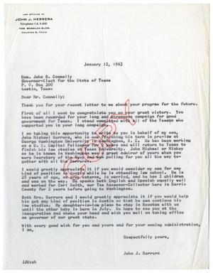 Primary view of object titled '[Letter from John J. Herrera to John B. Connally - 1963-01-12]'.