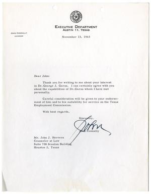 Primary view of object titled '[Letter from John B. Connally to John J. Herrera - 1963-11-13]'.