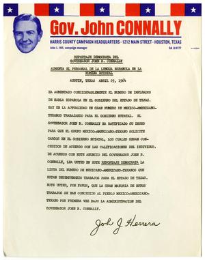 Primary view of object titled '[Endorsement of Governor John B. Connally -1964-04-25]'.