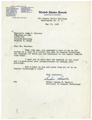 Primary view of object titled '[Letter from Sandra H. Padilla to John J. Herrera - 1962-05-18]'.