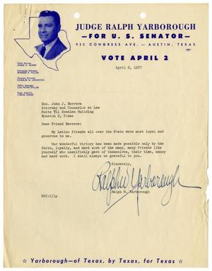 Primary view of object titled '[Letter from Ralph Yarborough to John J. Herrera - 1957-04-06]'.