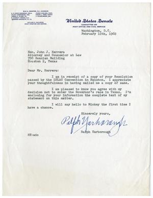 Primary view of object titled '[Letter from Ralph Yarborough to John J. Herrera - 1962-02-12]'.