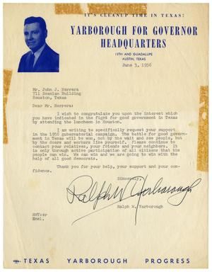 Primary view of object titled '[Letter from Ralph Yarborough to John J. Herrera - 1956-06-03]'.