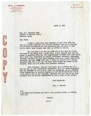 Primary view of object titled '[Letter from John J. Herrera to T. W. "Buckshot" Lane - 1952-04-08]'.