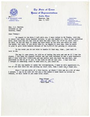 Primary view of object titled '[Letter from T. W. "Buckshot" Lane to John J. Herrera - 1957-01-07]'.