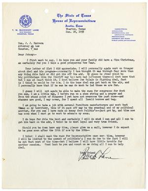 Primary view of object titled '[Letter from T. W. "Buckshot" Lane to John J. Herrera - 1955-12-28]'.