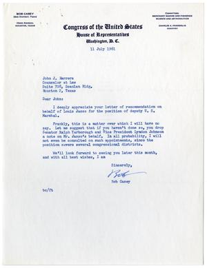 Primary view of object titled '[Letter from Bob Casey to John J. Herrera - 1961-07-11]'.