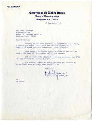 Primary view of object titled '[Letter from Kika de la Garza to John J. Herrera - 1976-09-13]'.