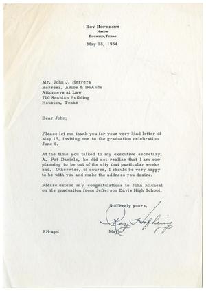 Primary view of object titled '[Letter from Roy Hofheinz to John J. Herrera - 1954-05-18]'.