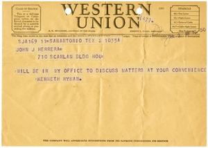 Primary view of object titled '[Telegram from Kenneth R. Hyman to John J. Herrera - 1946-07-02]'.