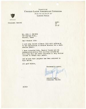 Primary view of object titled '[Letter from Arnulfo Zamora to John J. Herrera - 1947-04-19]'.
