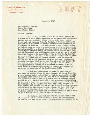 Primary view of object titled '[Letter from John J. Herrera to Alonso S. Perales - 1947-03-13]'.