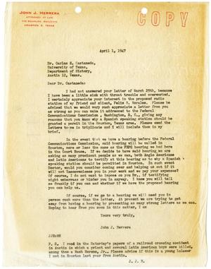 Primary view of object titled '[Letter from John J. Herrera to Carlos E. Castañeda - 1947-04-01]'.