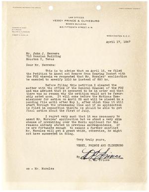 Primary view of object titled '[Letter from D. F. Prince to John J. Herrera - 1947-04-17]'.