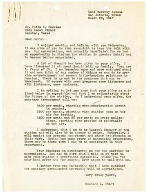 Primary view of object titled '[Letter from Charles L. Belfi to Felix H. Morales - 1947-03-28]'.
