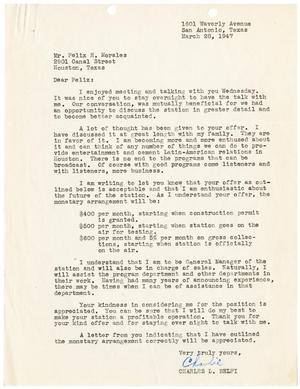 Primary view of object titled '[Letter from Charles L. Belfi to Felix H. Morales - 1947-03-28]'.