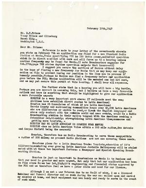 Primary view of object titled '[Letter from Felix H. Morales to D. F. Prince - 1947-02-18]'.