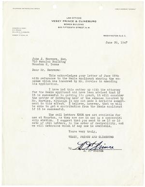 Primary view of object titled '[Letter from D. F. Prince to John J. Herrera - 1947-06-30]'.