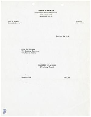 Primary view of object titled '[Statement of Account for John J. Herrera from John Barron Consulting Radio Engineers - October 1, 1946]'.