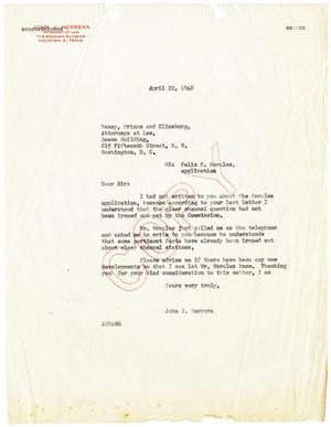 Primary view of object titled '[Letter from John J. Herrera to Vesey, Prince & Clineburg - 1948-04-22]'.