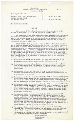 [Federal Communicaton Commission Order for Construction Permit, Eugene J. Roth, January 30, 1947]