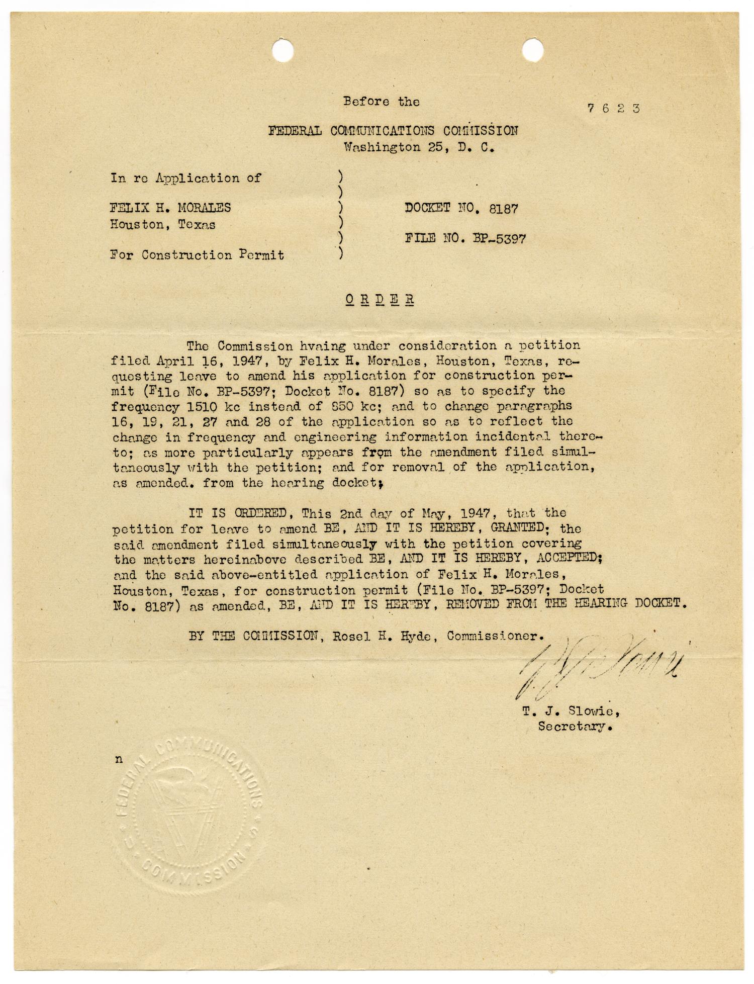[Federal Communicaton Commission Order for Construction Permit for Felix H. Morales, May 2, 1947]
                                                
                                                    [Sequence #]: 1 of 2
                                                