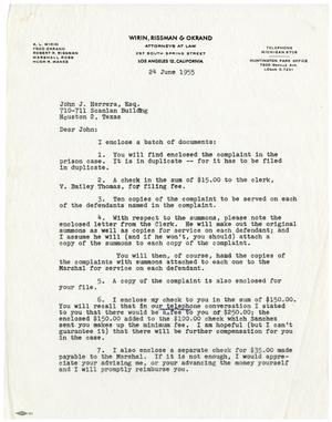 Primary view of object titled '[Letter from A. L. Wirin to John J. Herrera - 1955-06-24]'.