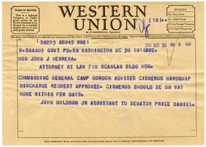 Primary view of object titled '[Telegram from John Goldsum, Jr. to John J. Herrera - 1954-10-30]'.