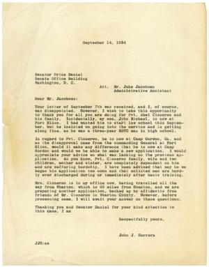 Primary view of object titled '[Letter from John J. Herrera to Jake Jacobsen - 1954-09-14]'.
