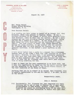 Primary view of object titled '[Letter from John J. Herrera to Price Daniel - 1954-08-12]'.